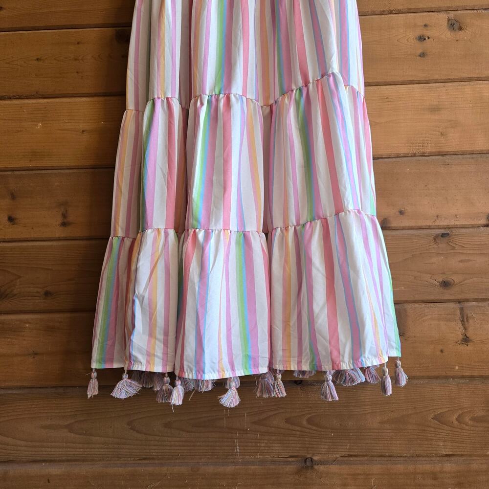 Chicwish Rainbow Stripe Maxi Dress Tassle Boho Preppy Med Summer Pastel Cottage - Picture 6 of 6